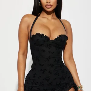 Julia Flocked Mini Dress - Black