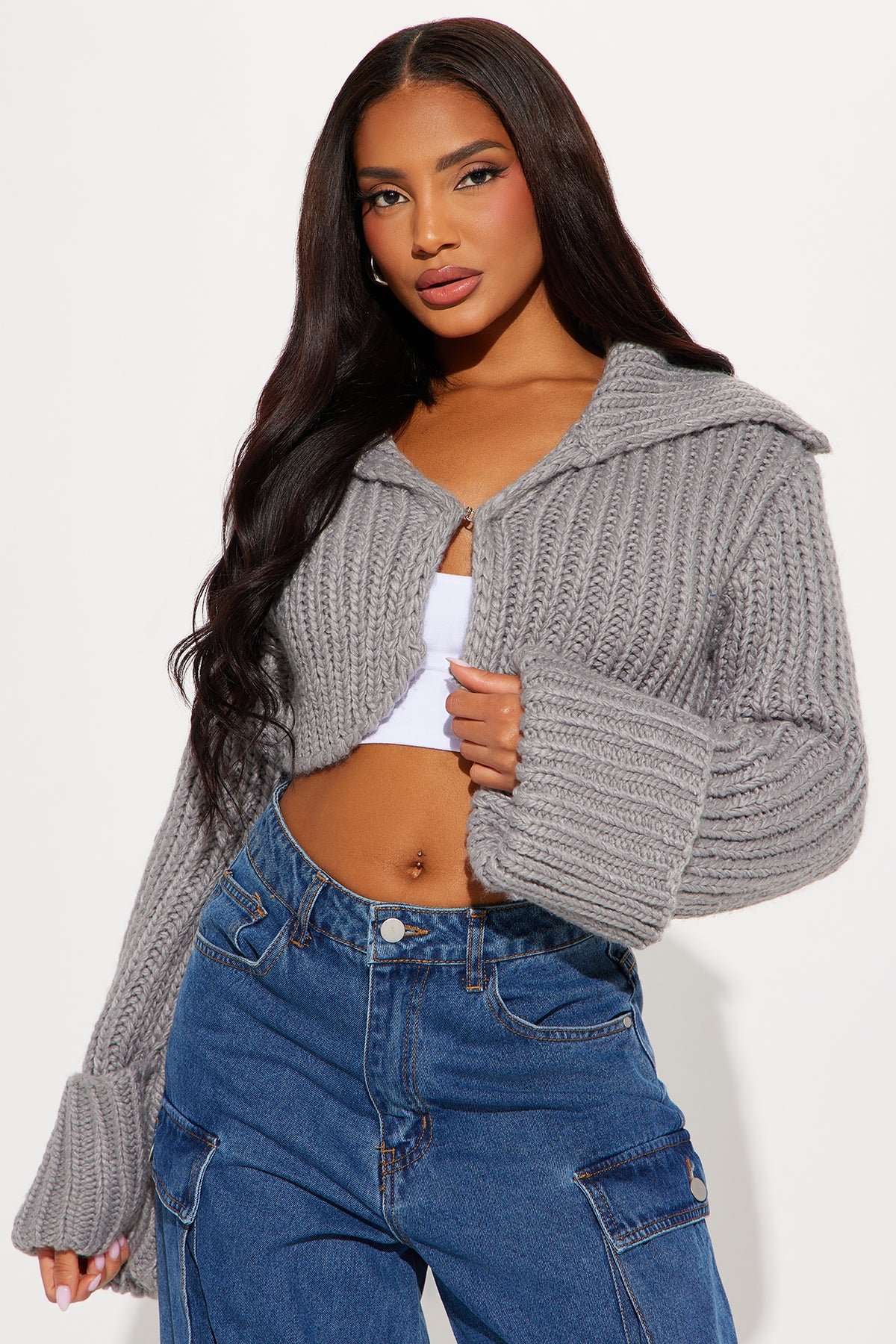 Downtown Chunky Knit Cropped Cardigan - Grey 1