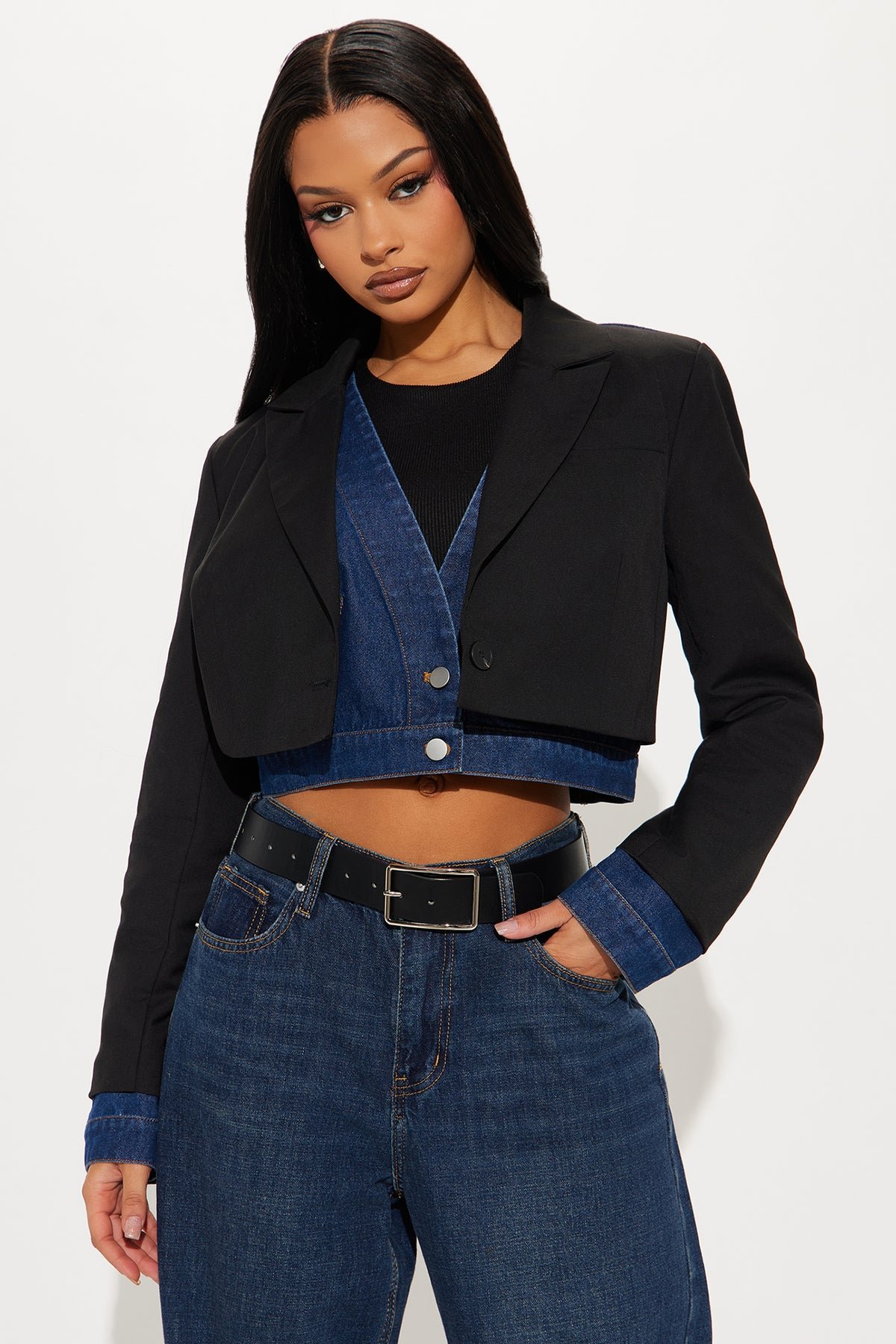 Jordan Mix Media Cropped Blazer - Black 1